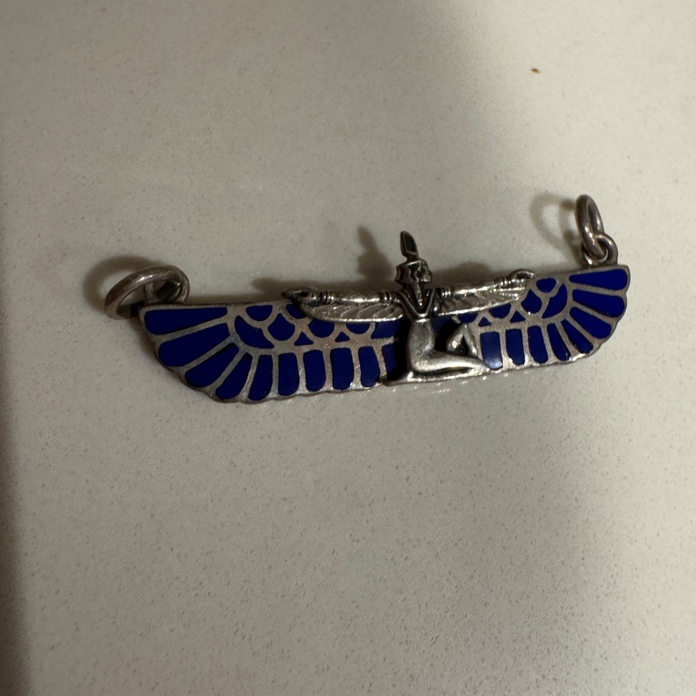 Vintage rare egyptian lapis blue enamel sterling Silver Pendant necklace